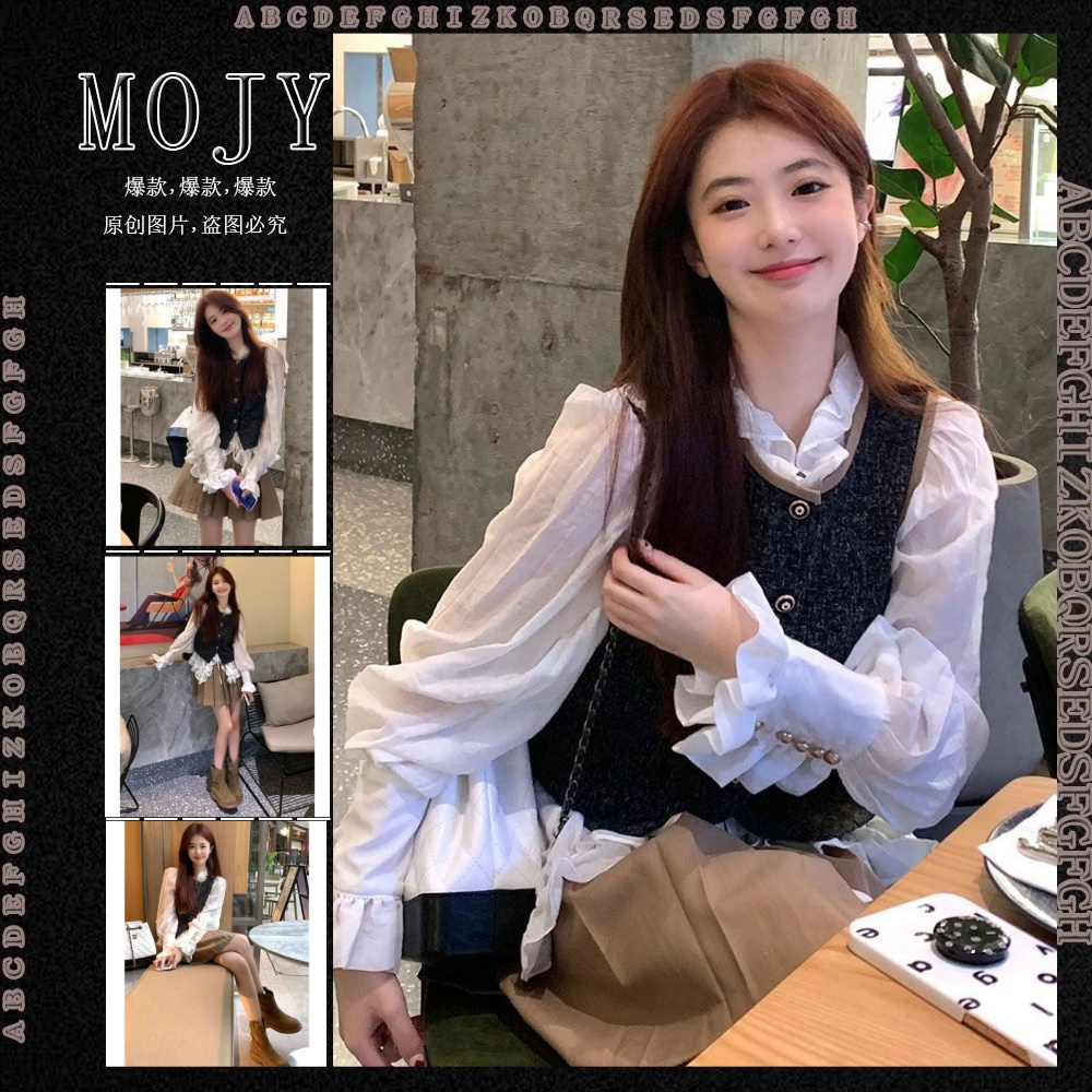 学院风法式高级感西装马甲外套叠穿衬衫百褶裙子韩剧穿搭三件新款