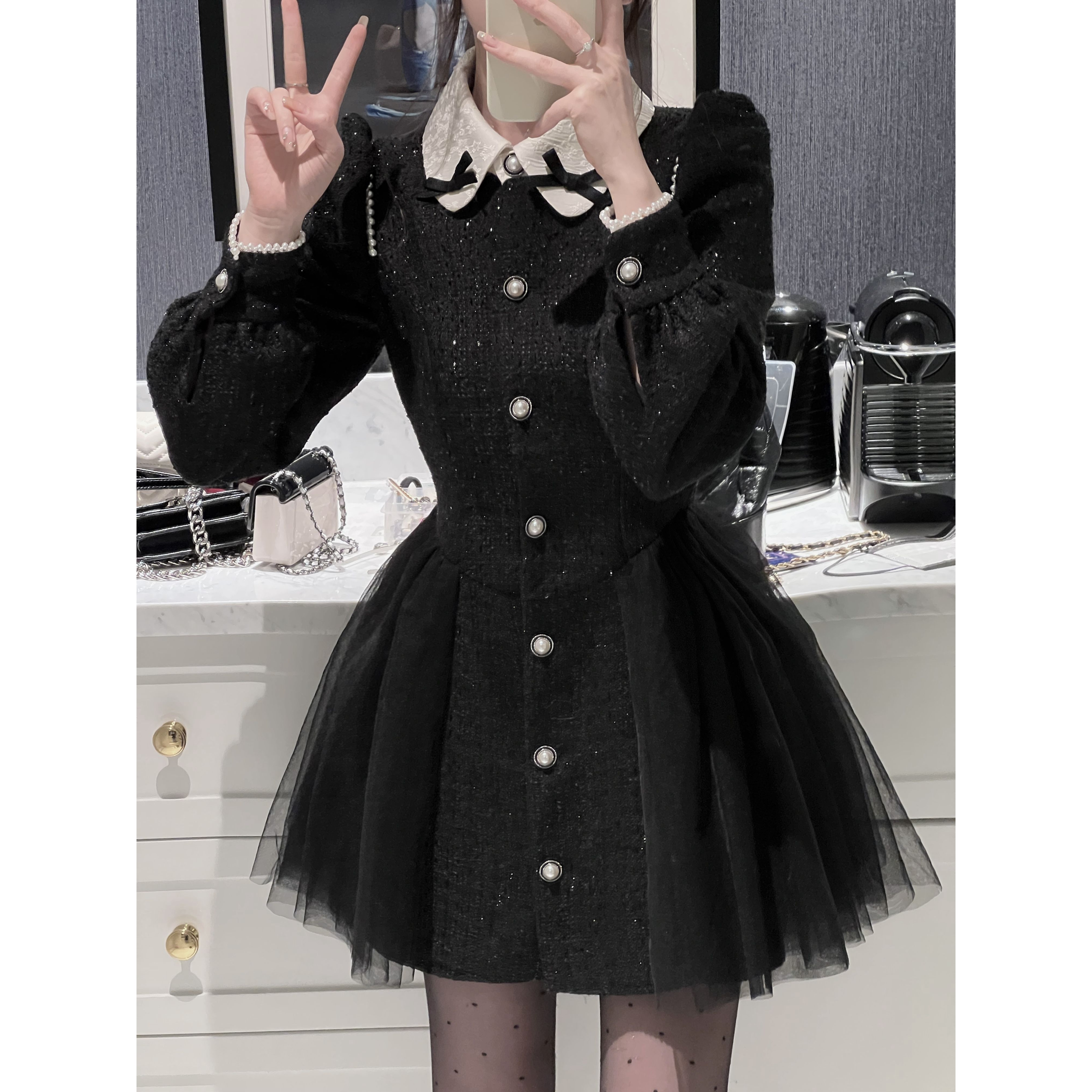 韩版气质甜酷小香风粗纺连衣裙子2023春季新款时尚女装高腰蓬新款