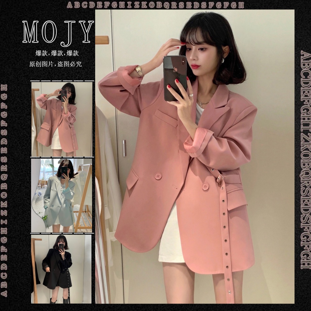 尺寸已更新 韩国chic复古西装领两粒扣系带收腰宽松长袖西服外新