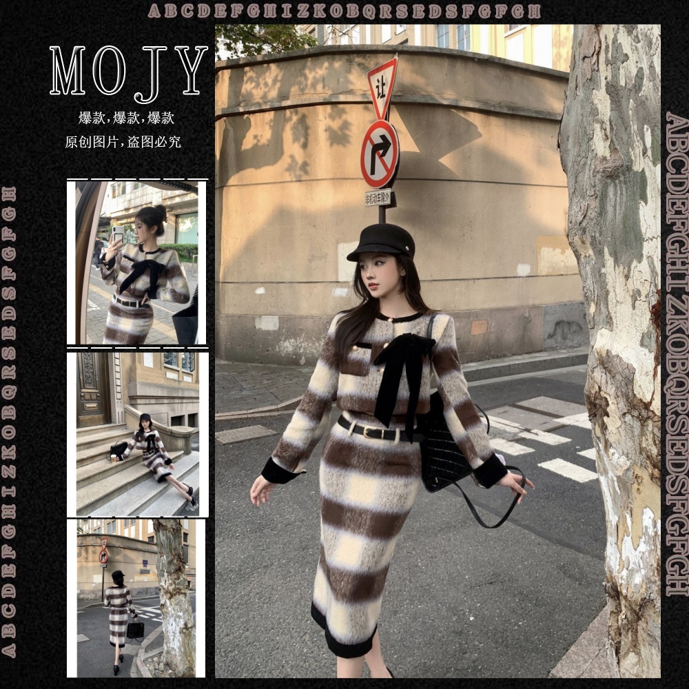美拉德格子套装女2023秋冬季新款蝴蝶结撞色毛呢外套中长款半身裙