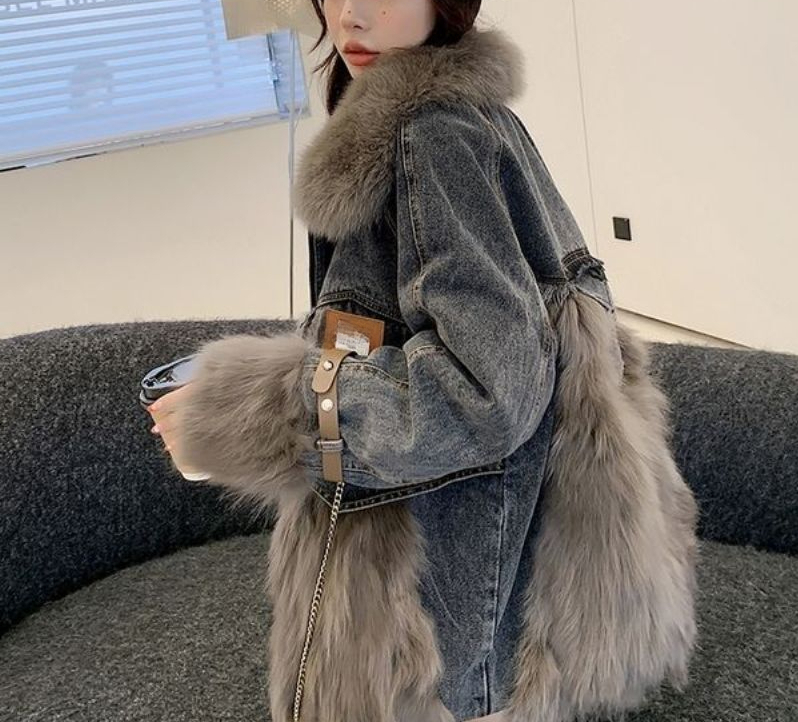 波斯橙牛仔皮草拼接羽绒服女2023新款外套狐狸毛领年轻款大衣小个