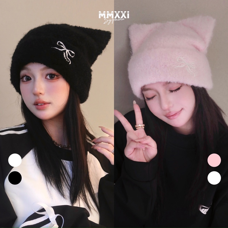 MMXXi黑色粉色猫耳朵女冷帽滑雪帽子蝴蝶结头盔内盔帽套保暖针织