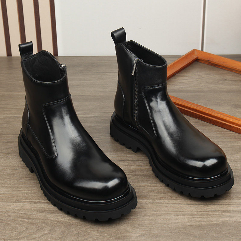 2025秋冬新款时尚百搭休闲切尔西靴男士真皮厚底增高拉链加绒短靴