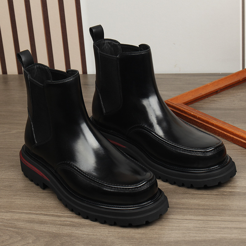 秋冬新款时尚百搭黑色厚底切尔西靴中筒圆头加绒增高短靴烟筒靴男