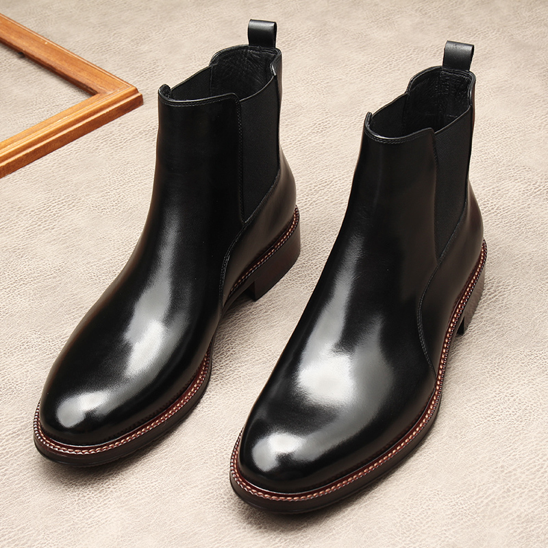 OMDE新款秋冬季真皮切尔西保暖羊毛高帮英伦百搭男鞋套脚男皮靴