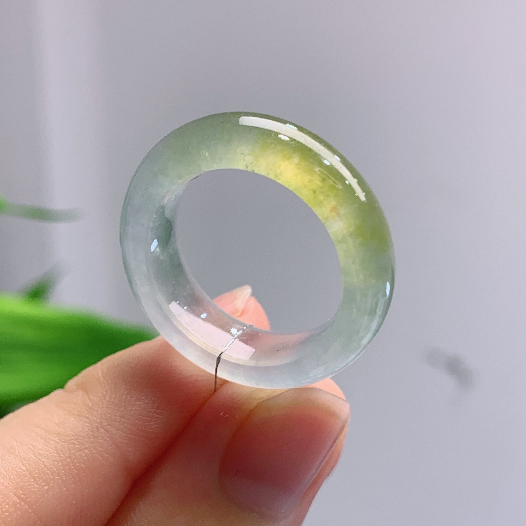 圈口17 缅甸天然A货翡翠老坑冰种飘黄翡素面戒指