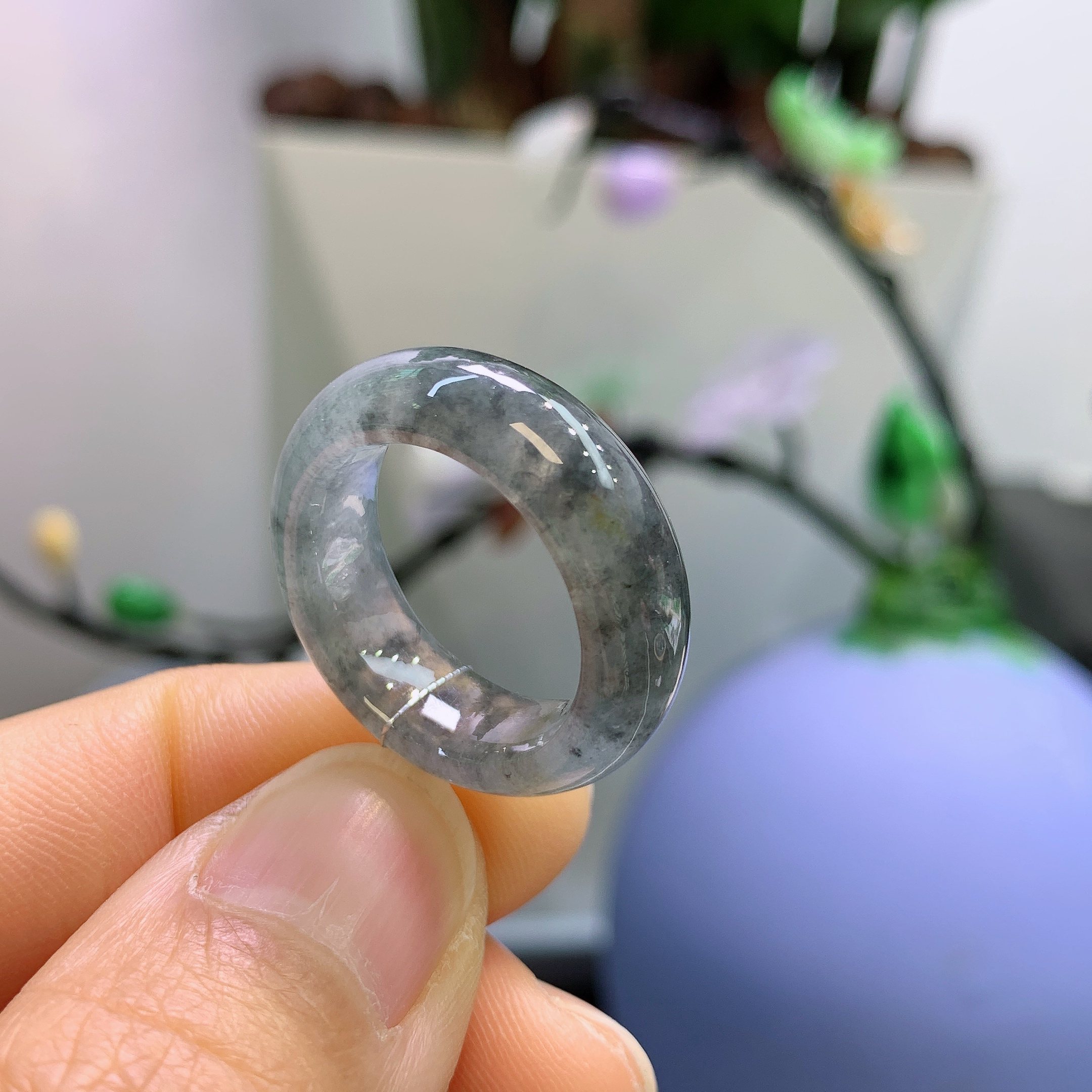 12-13圈口缅甸天然翡翠冰乌鸡戒指A722#