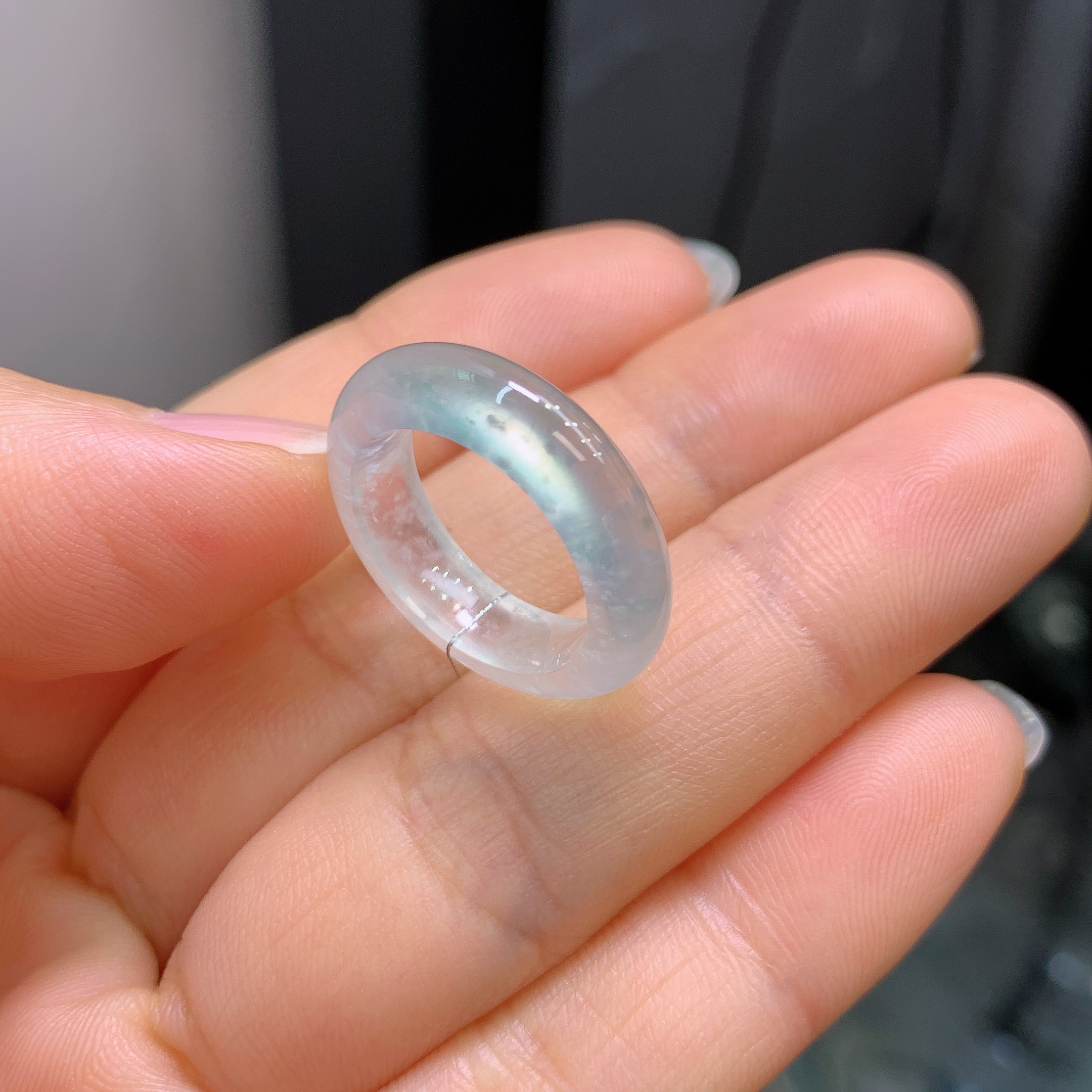 9圈口缅甸天然翡翠A货高冰波木那雪花戒指A547#