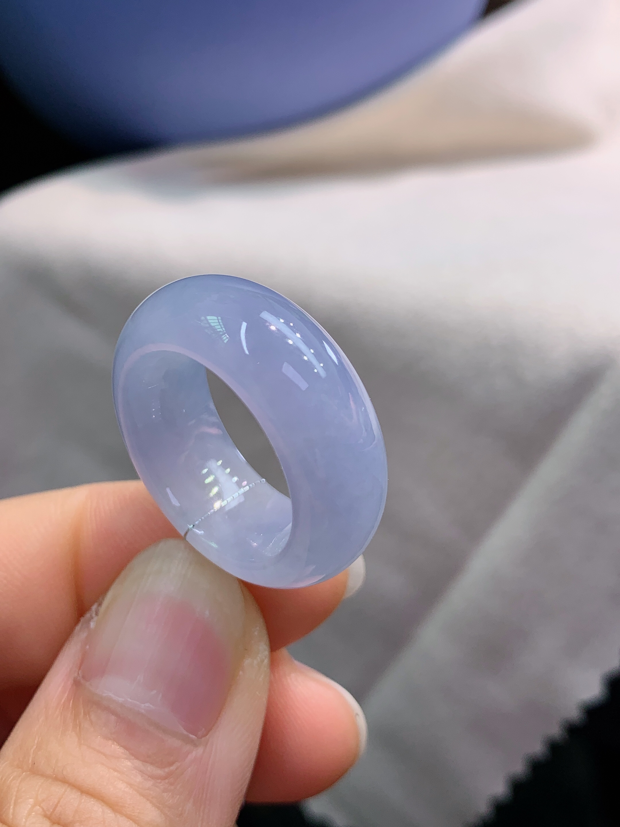 圈口14-15缅甸天然A货翡翠老坑冰种粉紫罗兰宽版起胶内弧素面戒指