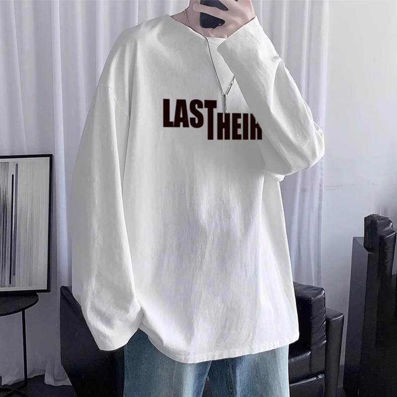 重磅纯棉白色长袖T恤男生秋季字母印花潮牌潮流港风宽松ins上衣服