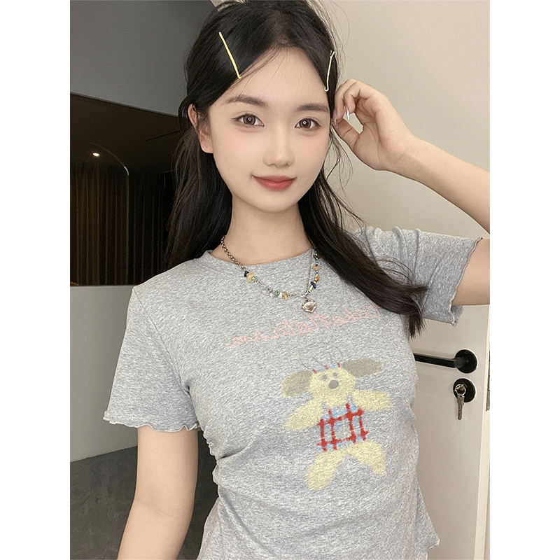 花苞袖设计感可爱烘焙小狗慵懒风显白短袖T恤女flota原创新款0574
