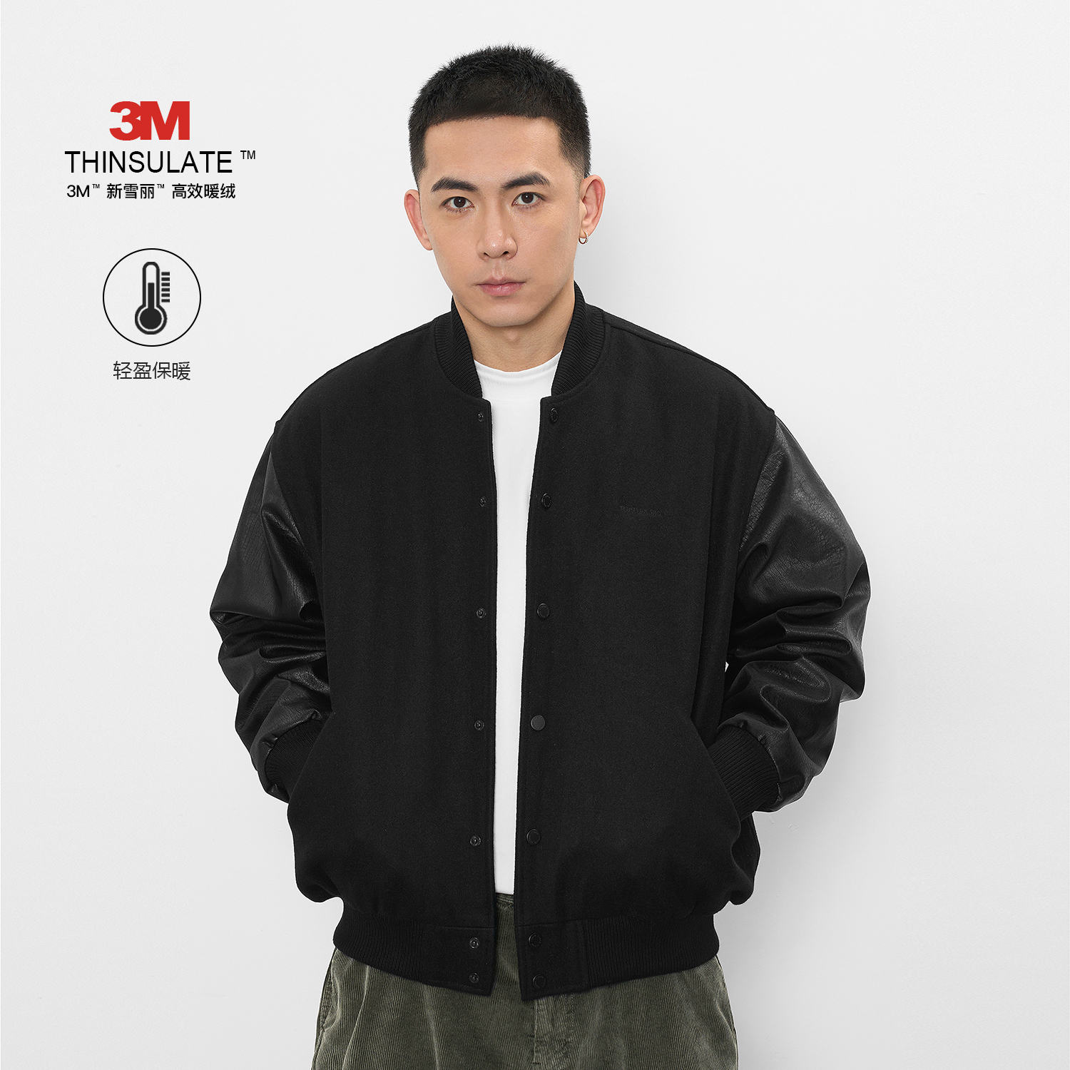 TOPTIER BRO 3M新雪丽毛呢混纺拼接PU皮棒球领棉衣男 / TTBRO