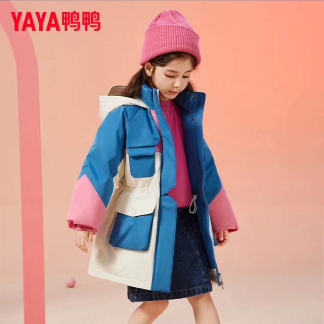鸭鸭中大童儿童羽绒服连帽新款撞色拼接中长款女童工装防风外套