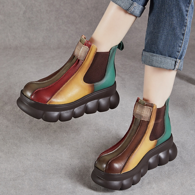 11289百秋冬新款牛皮泡泡底切尔西厚底马丁靴复古彩虹拼色短靴女