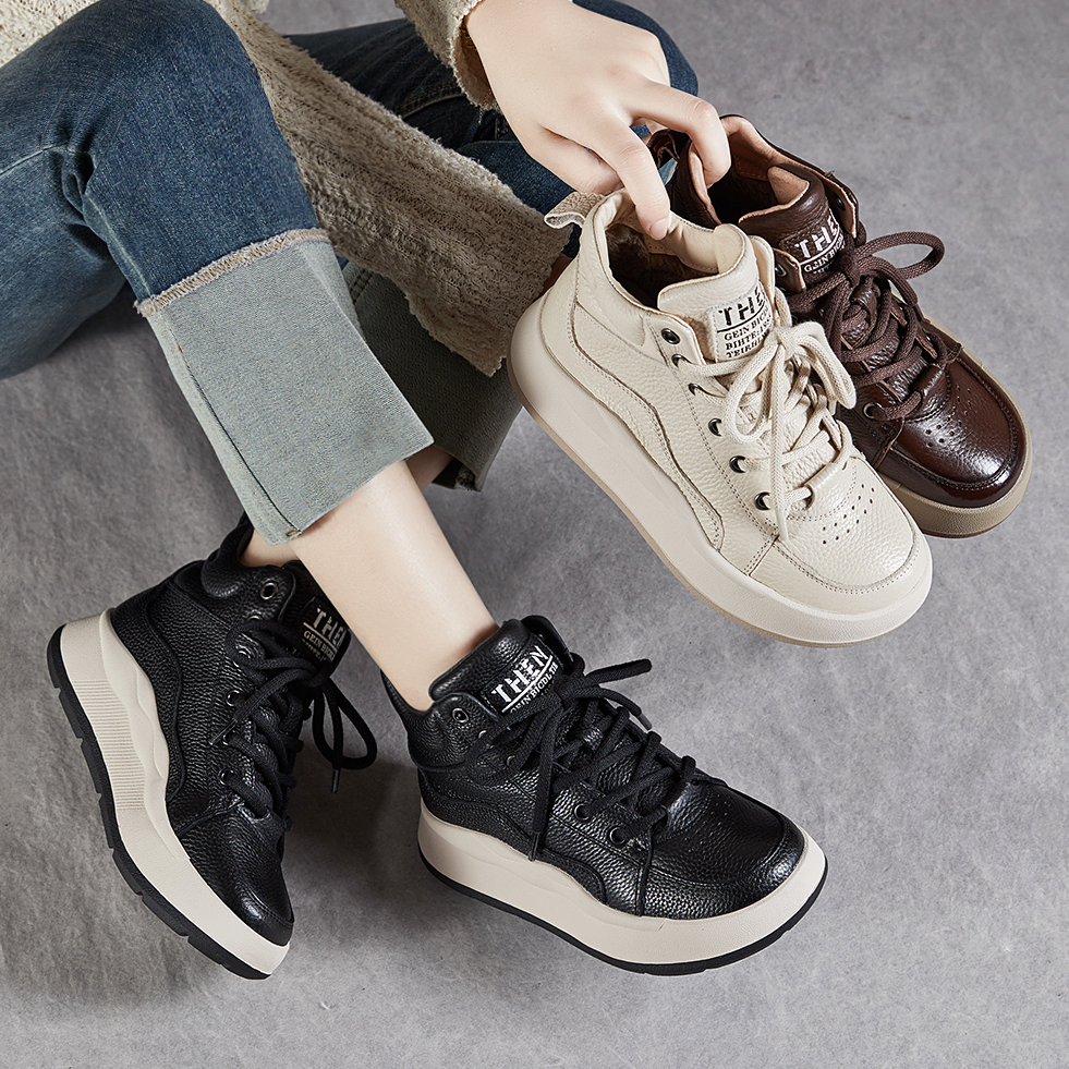 68678百秋冬新款牛皮平底复古运动休闲加绒保暖厚底羊毛高帮女鞋