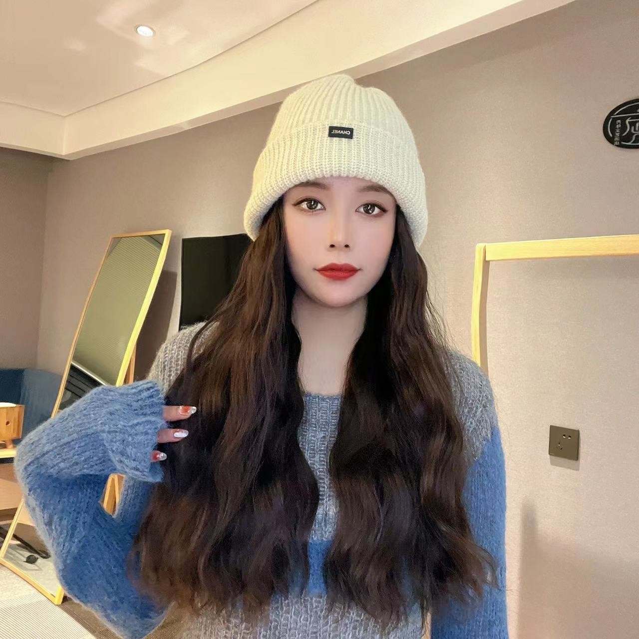 简约CH针织毛线帽子假发一体假发女潮流时尚女假发帽仿真发丝