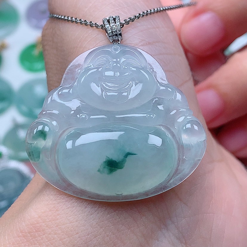 百千翡翠-18k金镶嵌冰润飘花大佛公吊坠（尺寸33*37*6）