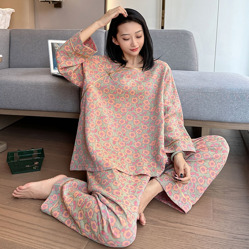 胖mm睡衣女春秋大码纯棉复古中国风棉纱纱布家居服加肥加大200斤