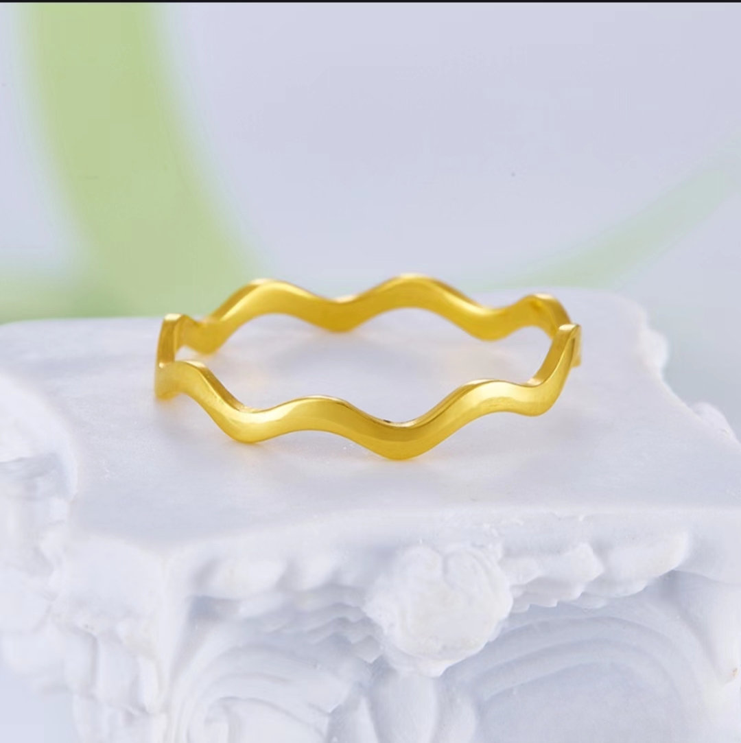 足金黄金水波纹戒指固口女戒波浪异形戒指浪漫简约时尚经典戒指