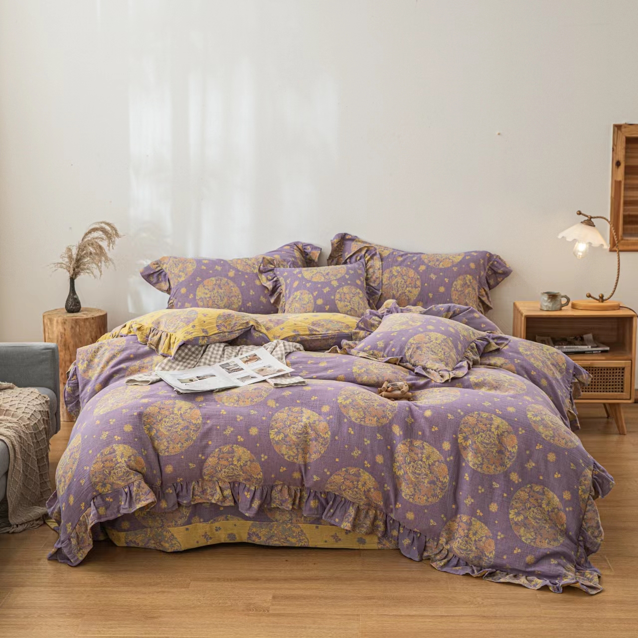 【青花瓷荷叶边四件套】全棉精梳色织A类双层纱轻奢荷叶边款