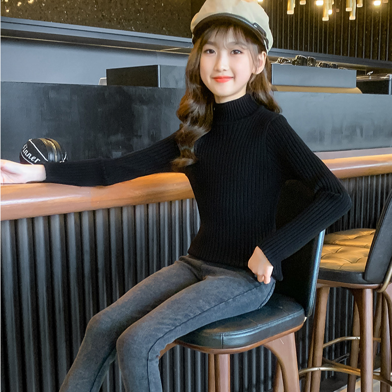 女童秋冬针织打底毛衣2025新款中大童女孩洋气百搭纯色半高领毛衣