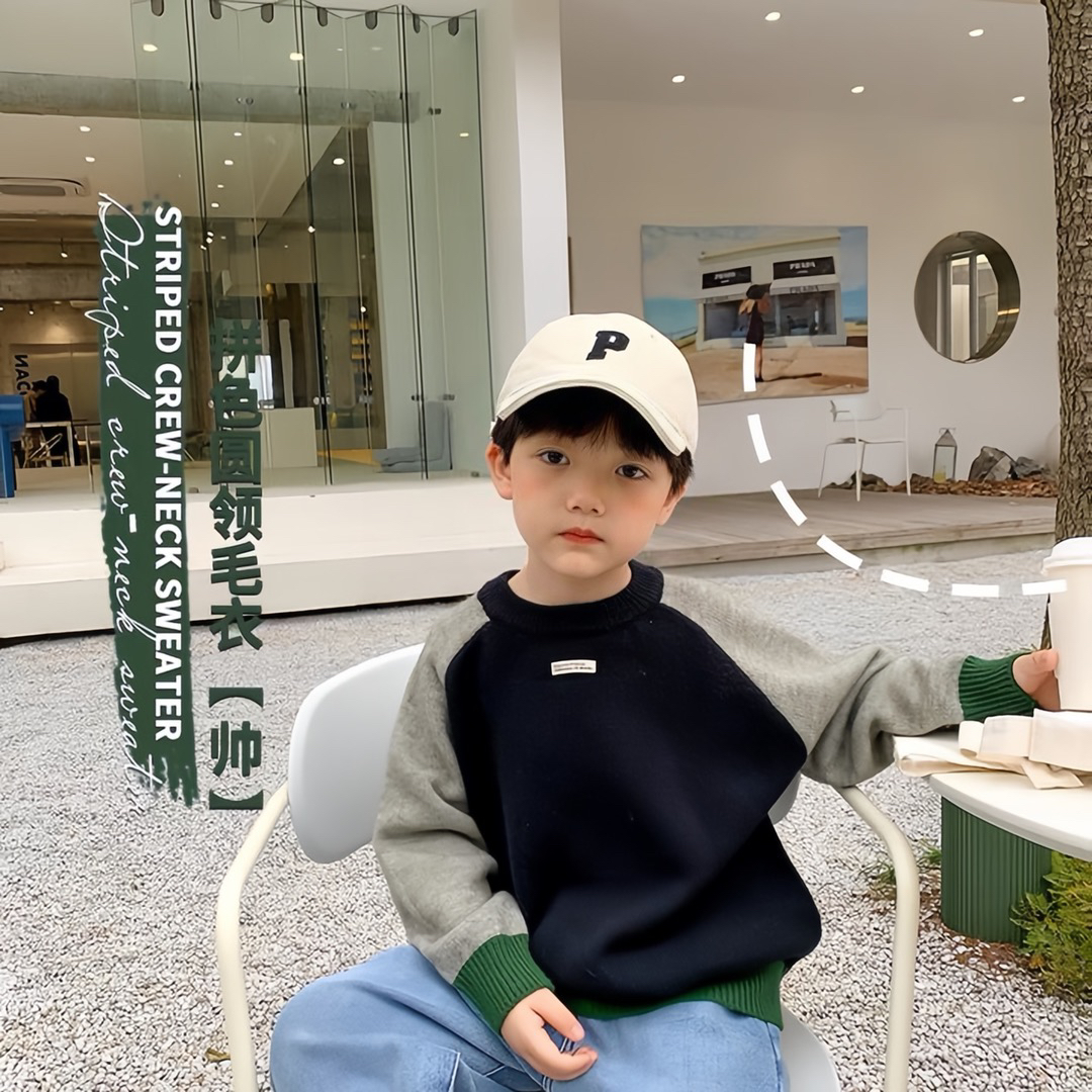 男宝宝复古拼色圆领套头毛衣潮春秋季韩版男童长袖休闲打底衫上衣