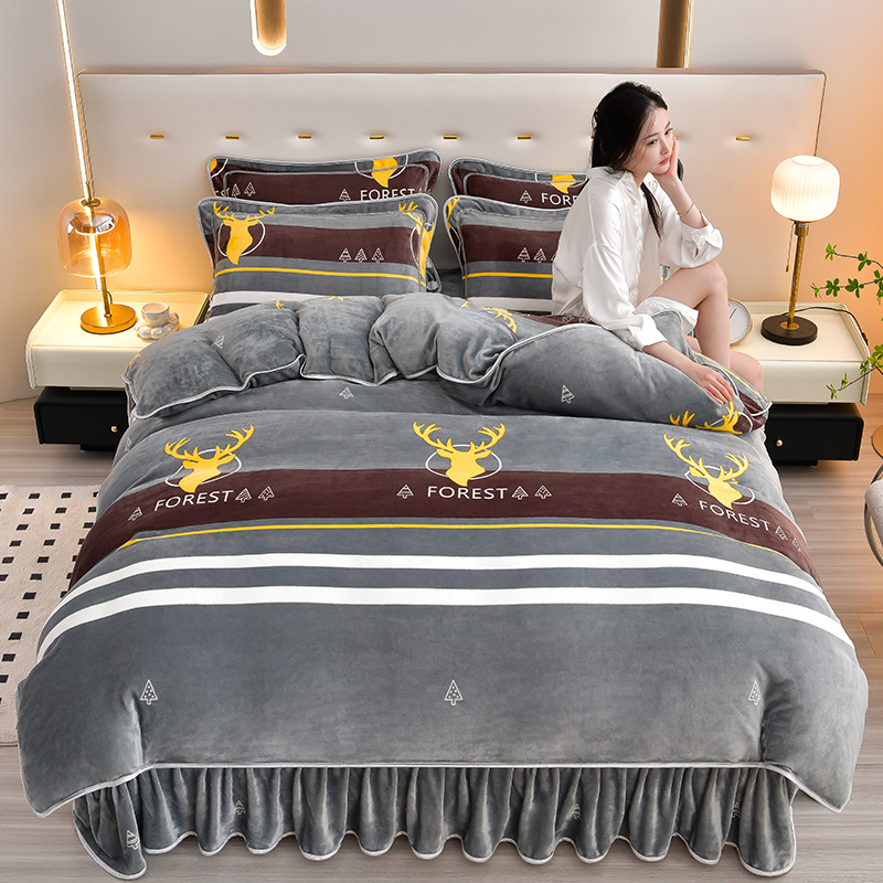 新品加厚加密8-9斤加绒牛奶绒四件套双面绒被套加大床单床裙4件套