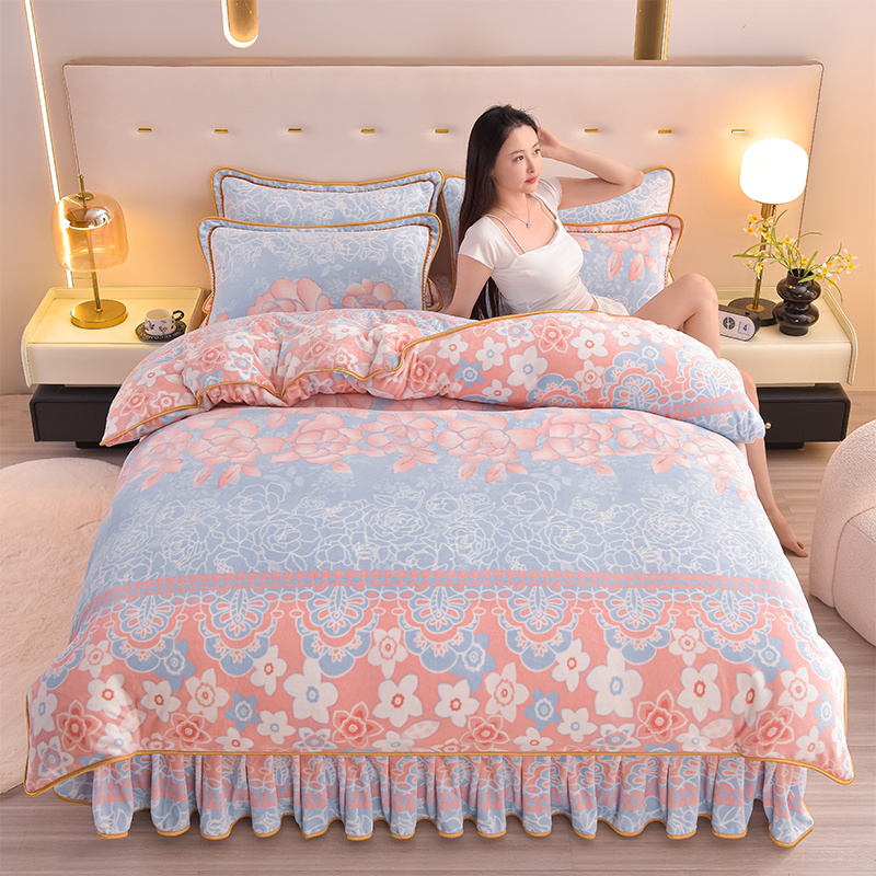 【新品】加绒加厚8-9斤牛奶绒床裙四件套双面绒被套防静电不掉毛