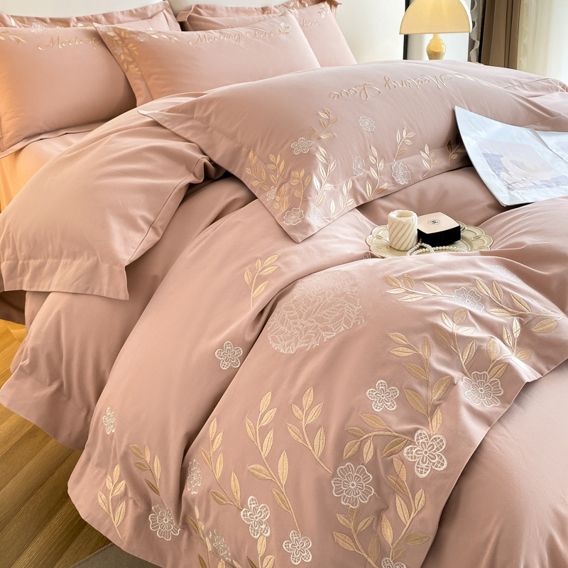 水星家纺高端160支加厚纯棉磨毛四件套刺绣全棉少女心床上用品