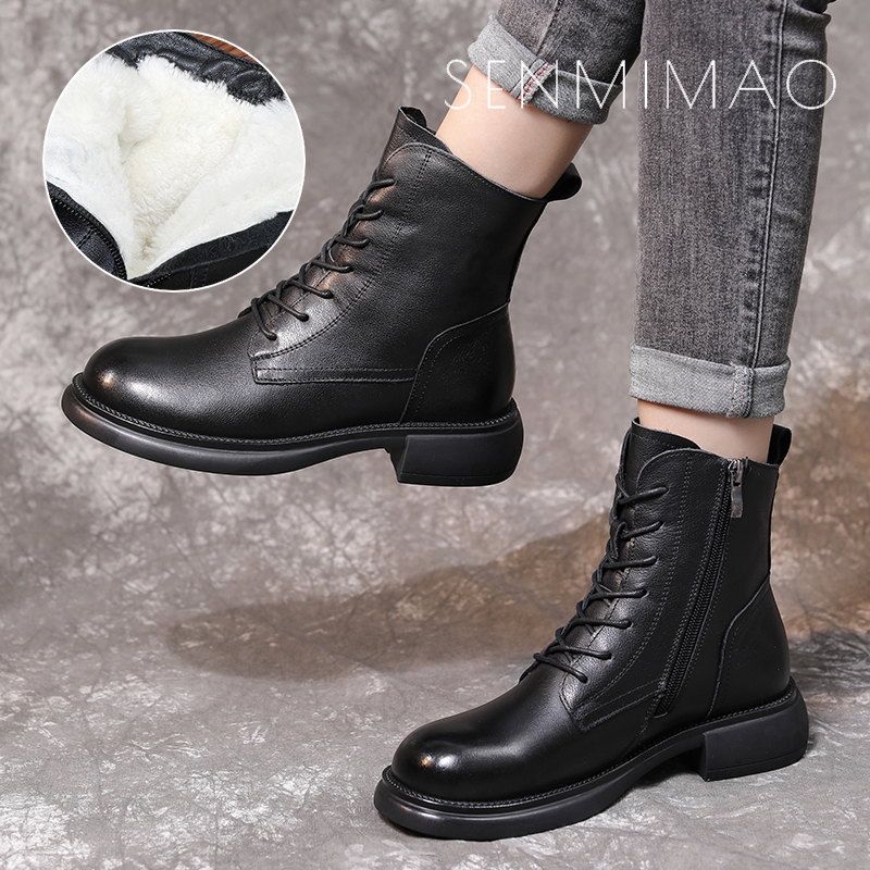 短靴2025秋冬新款加绒英伦女鞋平跟靴子防滑真牛小皮鞋增高马丁靴