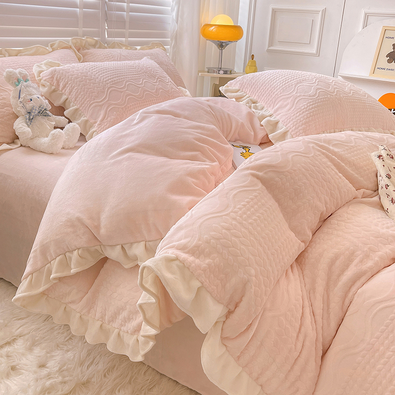 韩版加厚牛奶绒四件套公主风荷叶边双面绒被套冬季加绒床品三件套