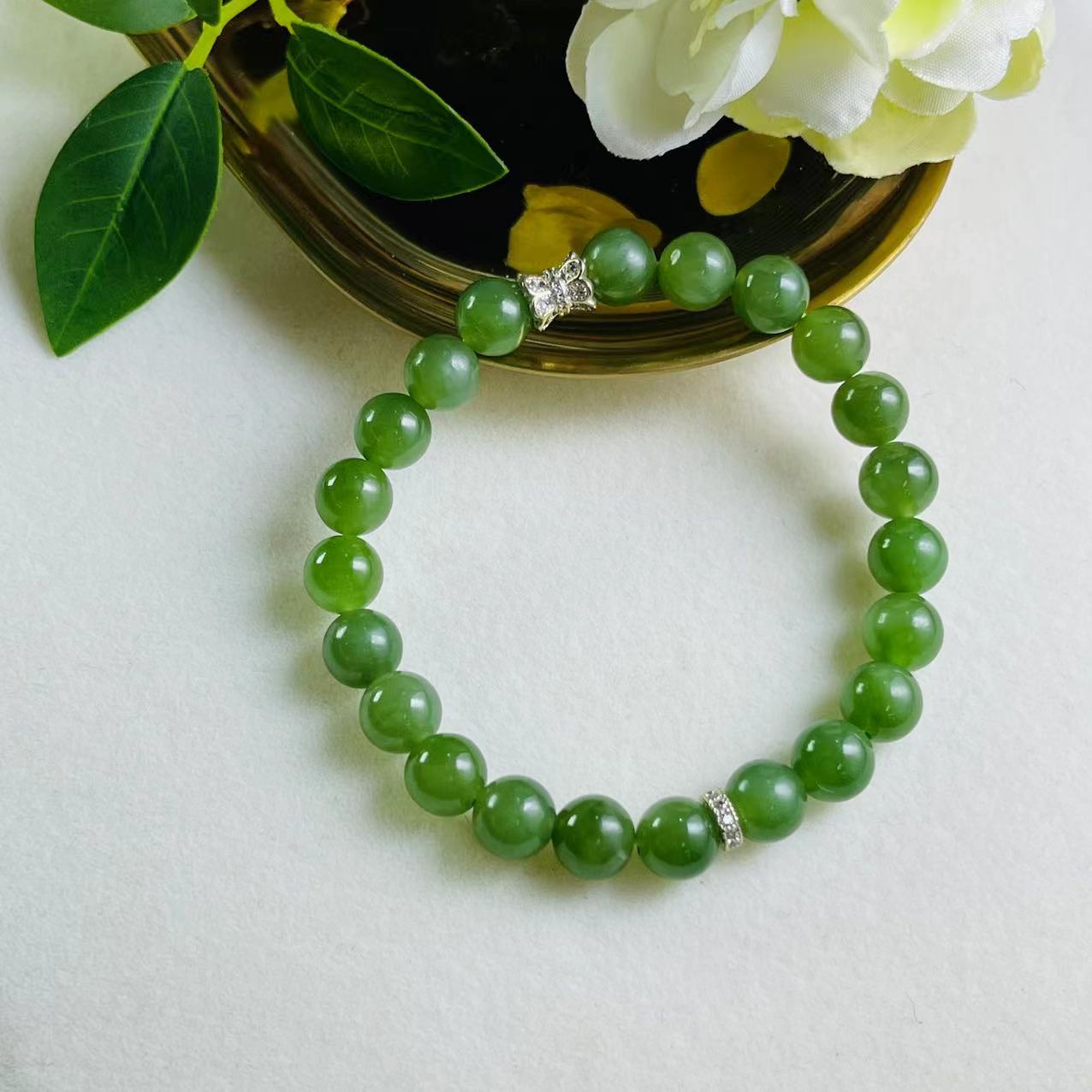 Gloire/古名【缺货】和田玉碧玉圆珠手串8*9mm ZBC084