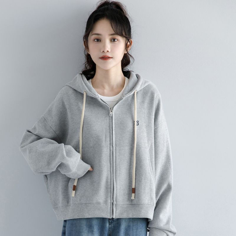 小个子短款加绒卫衣新款外套灰色秋冬季宽松韩版拉链开衫上衣连帽