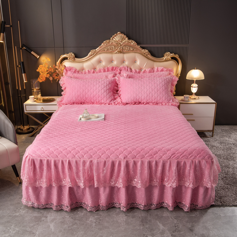 大气新款蕾丝公主风加厚夹棉床裙床罩单件床套防滑罩床垫套加绒