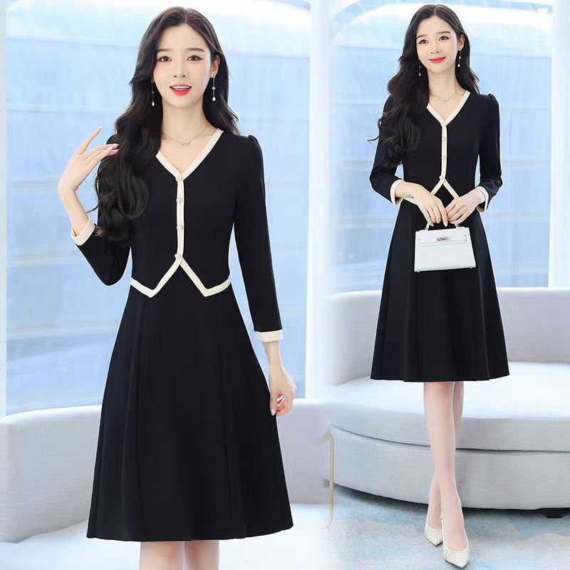 气质连衣裙女秋冬装大码长袖小黑裙赫本风拼色V领假两件A型裙子