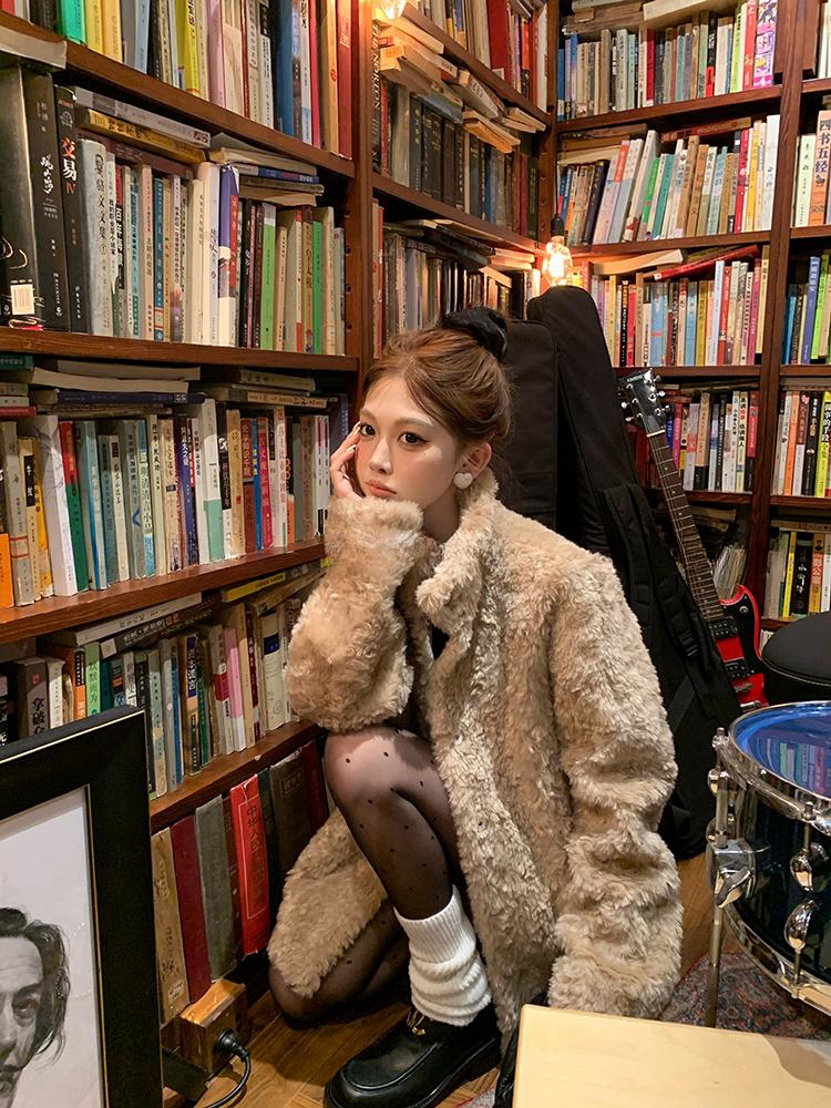 富人区2.0 环保皮毛一体毛毛外套女冬立领加厚宽松中长款毛绒大衣