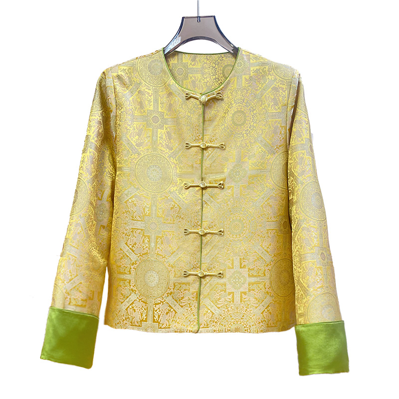 中式加棉国风宋锦外套女2025秋冬新款黄色复古洋气中国风宽松上衣