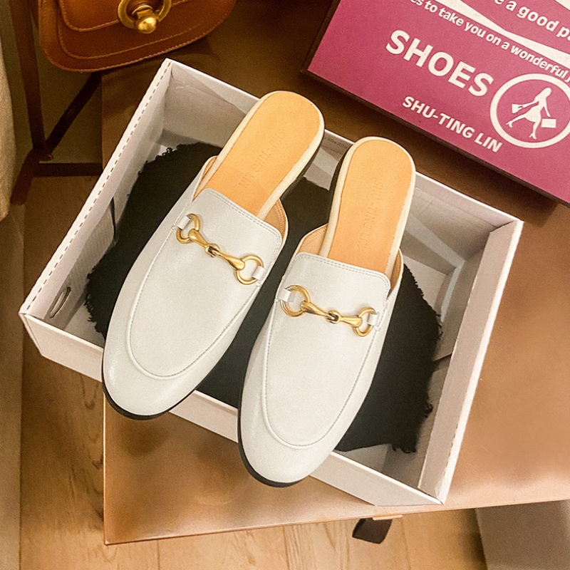 包头半拖鞋女夏外穿穆勒鞋2024新款马衔扣平底鞋网红懒人凉拖