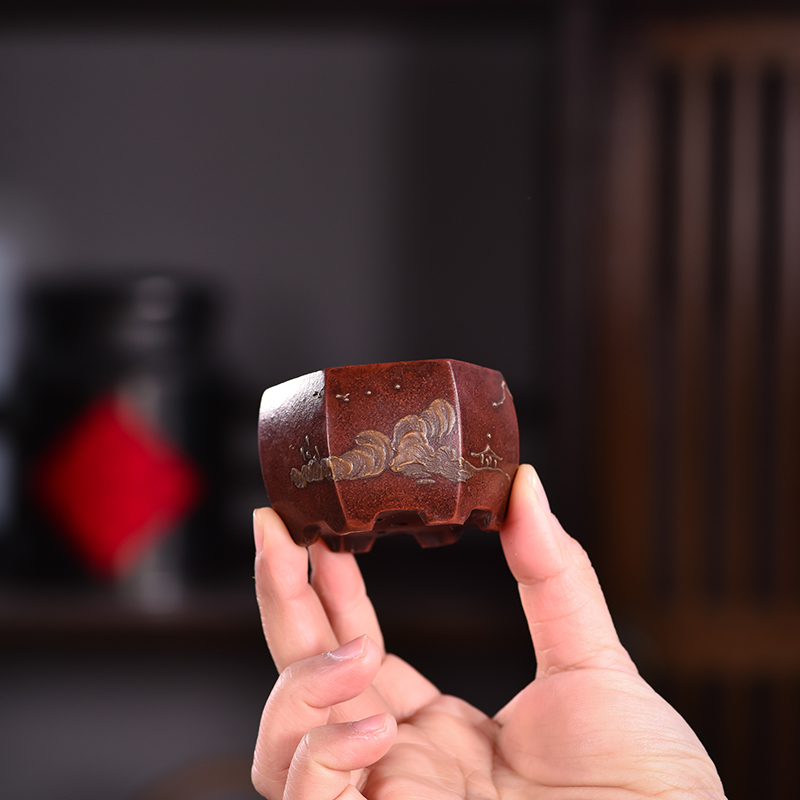 内径4.5*3cm宜兴紫砂掌中宝呙口拇指六方泥绘百川东流手工小花盆