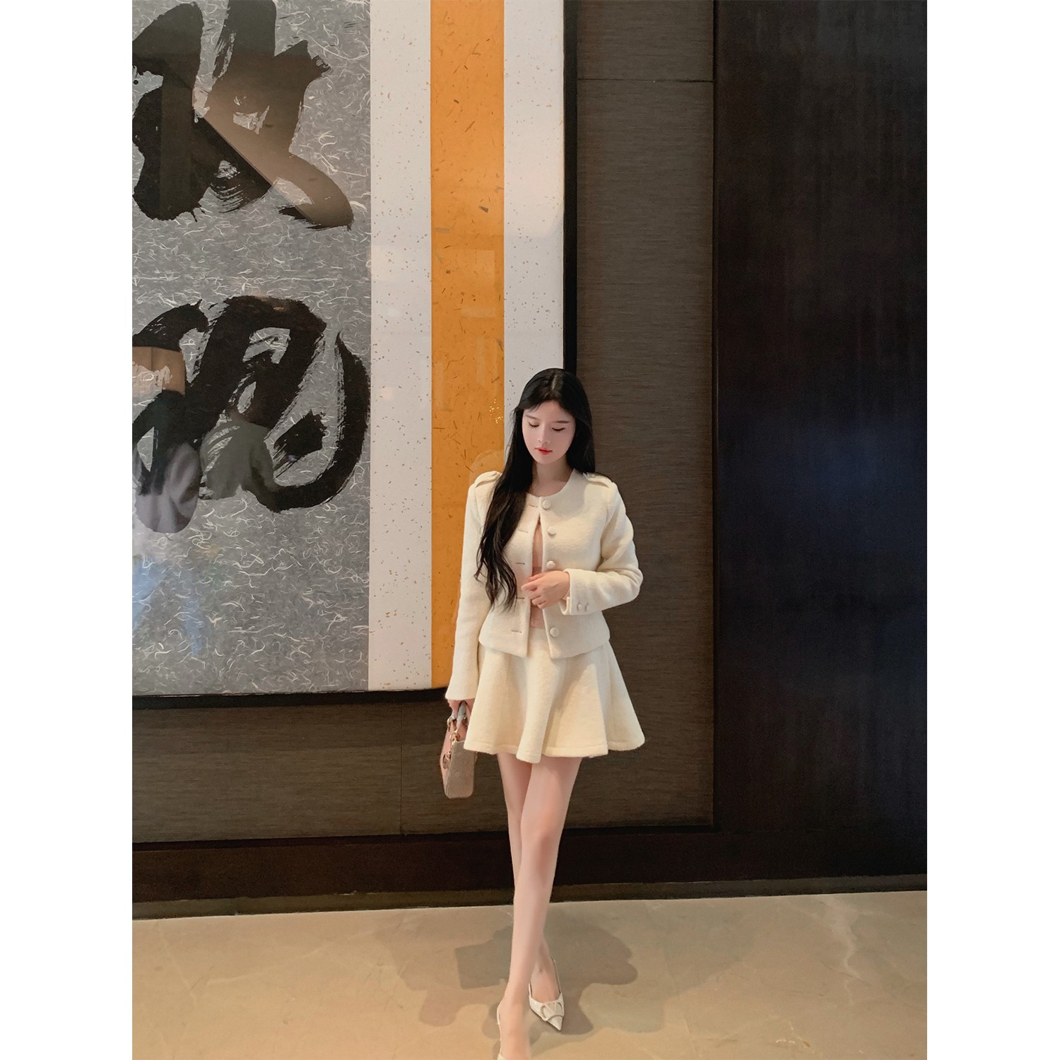 THE SWAN司凰轻奢 首尔冬日 名媛千金风100羊毛呢外套半身裙套装