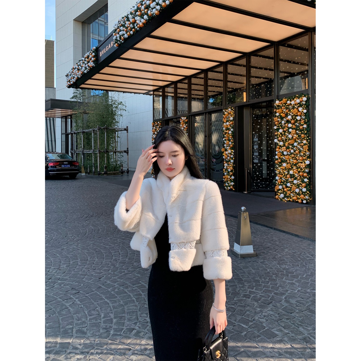 人造皮草 THE SWAN司凰轻奢 贵气日常 蕾丝花边拼仿皮草短外套女