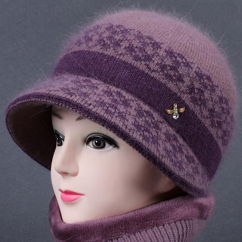 中老年人秋冬天帽子女奶奶兔毛线帽妈妈加绒厚保暖老太太针织棉帽