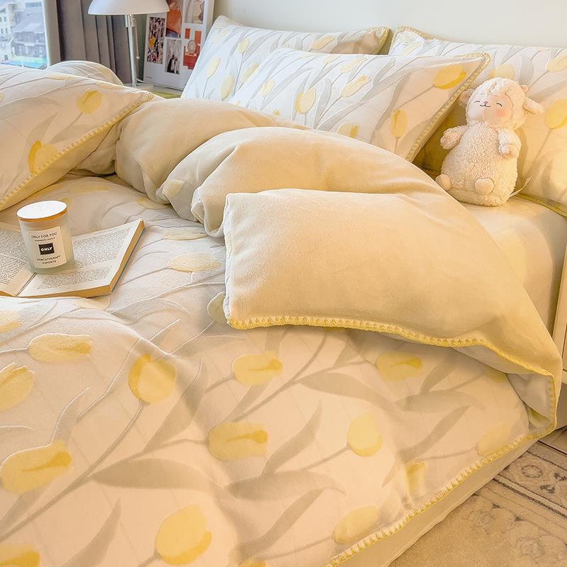 ins雕花牛奶绒冬季2024新加厚床单床笠法兰珊瑚绒面被套床上用品4