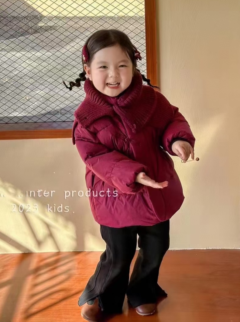 女童秋冬加厚保暖针织披肩收腰中长款棉衣2023新款小中儿童
