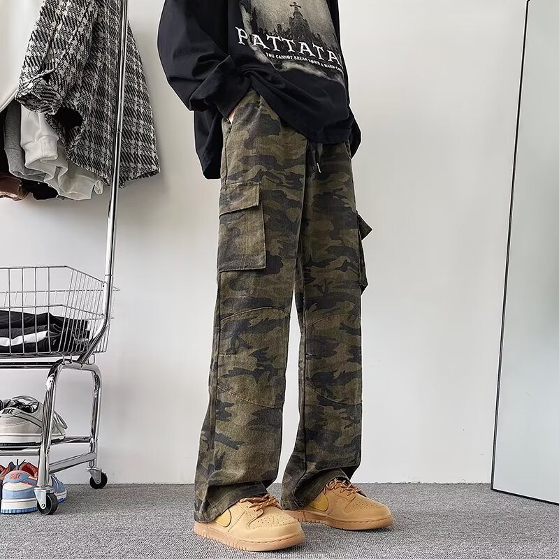潮牌欧美街头休闲裤子迷彩工装牛仔裤男款高街美式直筒裤春秋ins