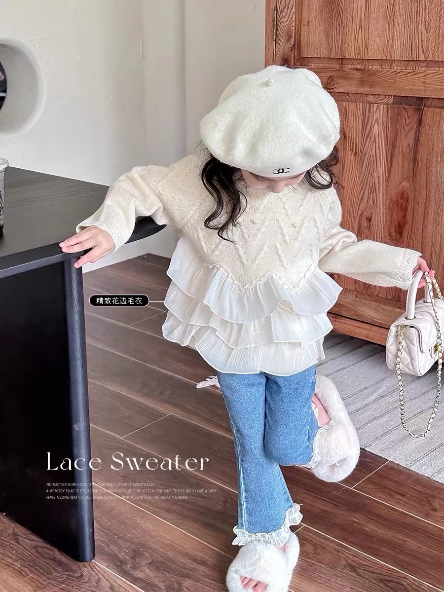 女童公主花边拼接毛衣2025秋冬装新款加厚保暖针织衫儿童套头上衣