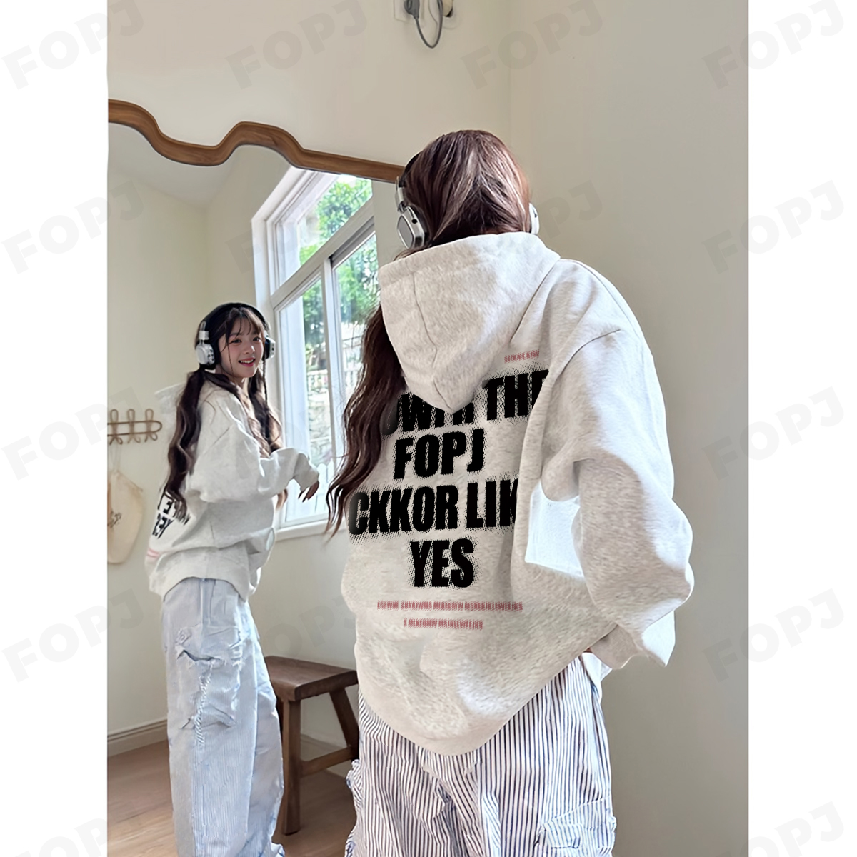 FOPJ春秋美式重磅银狐绒连帽时尚休闲卫衣女百搭宽松印花加绒上衣