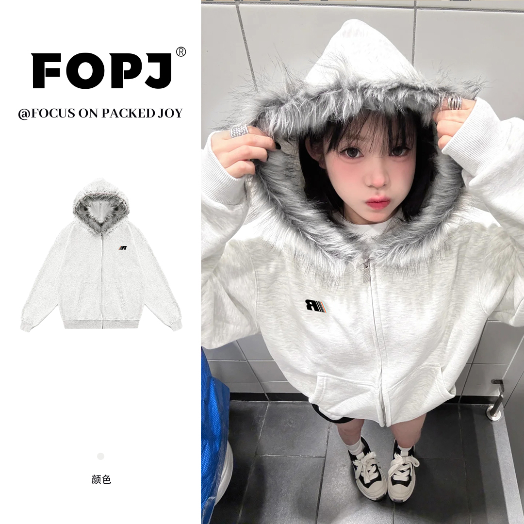 FOPJ学院风时尚潮流印花连帽开衫卫衣女加绒毛领宽松长袖保暖外套