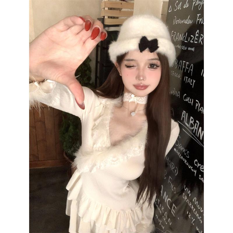 小香风毛毛领针织衫女秋冬v领上衣蕾丝打底衫内搭可外穿圣诞毛衣