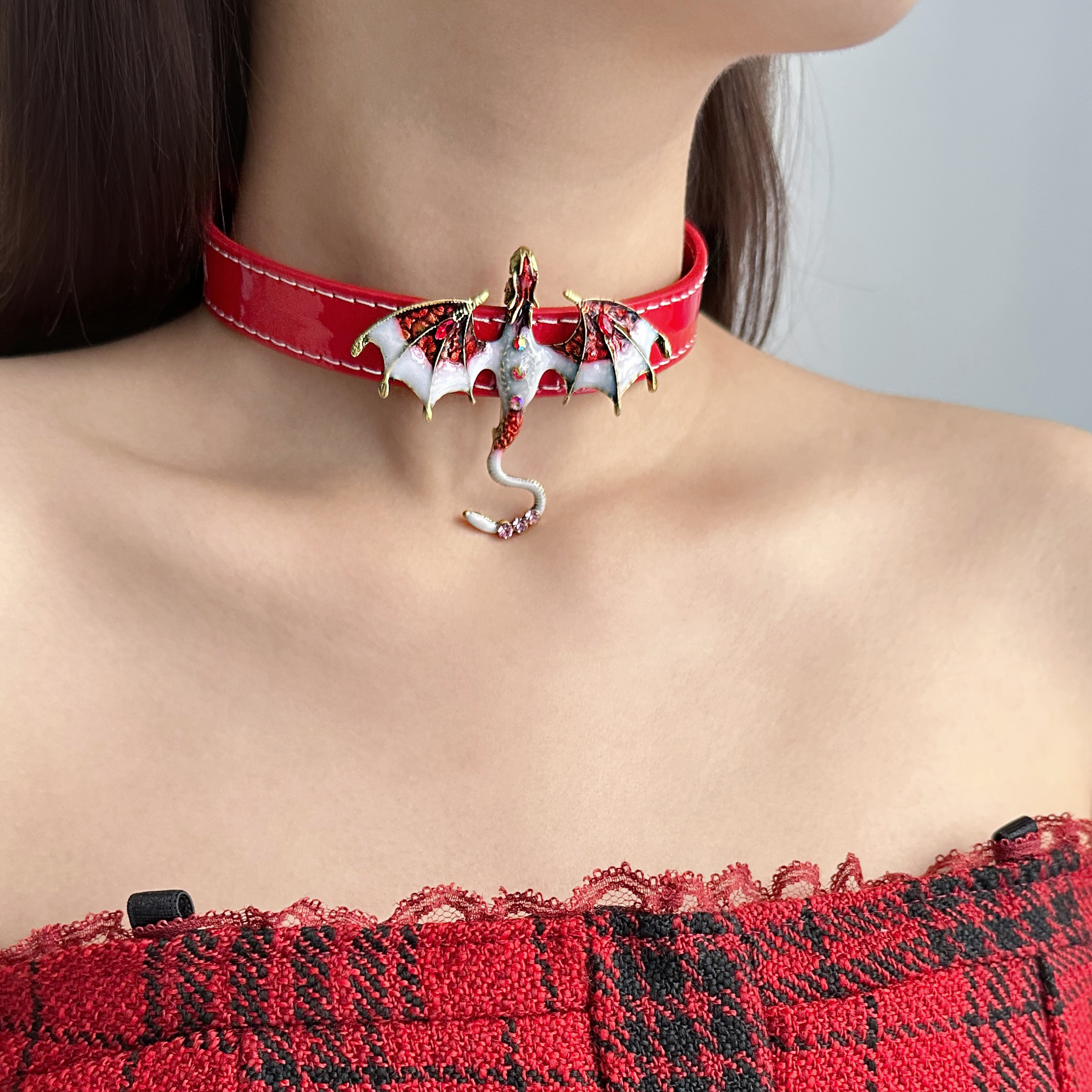 合金皮质项链 X4570-1时尚潮流小众精致百搭个性红色皮革飞龙项圈